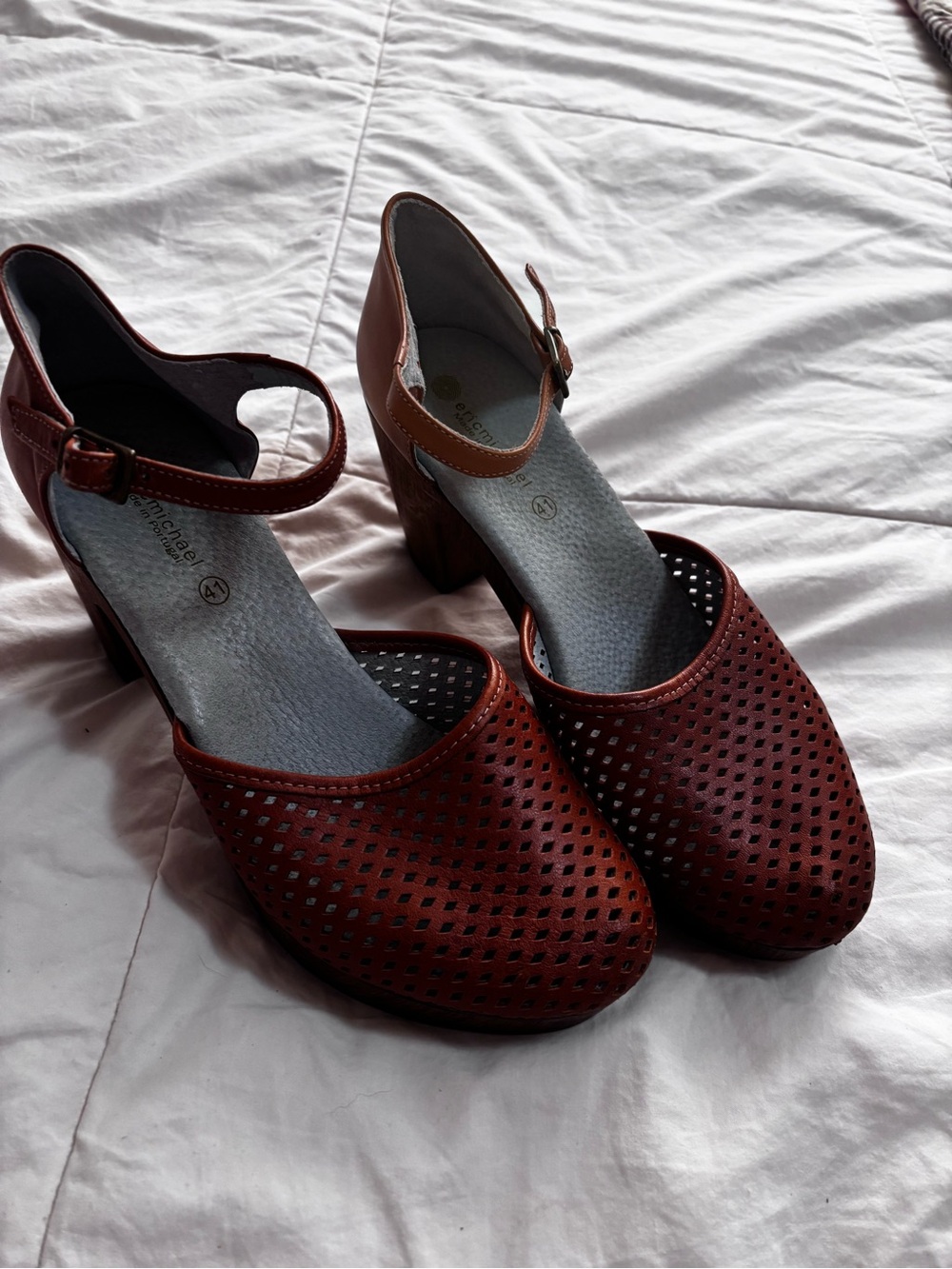 Women’s Perforated Ankle-Strap clog style brown heels
